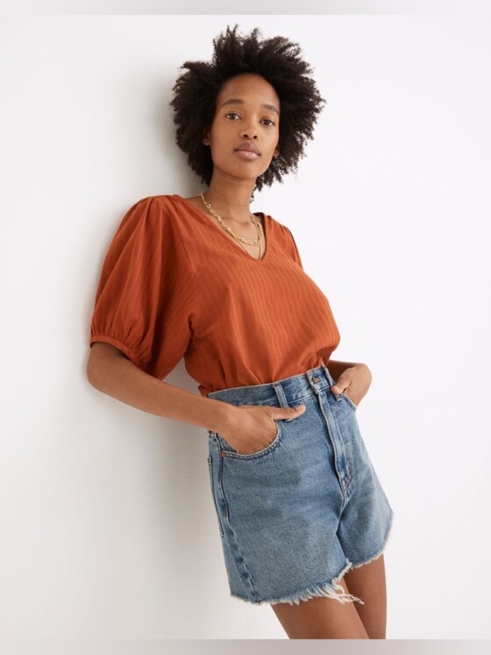 Madewell V-Neck Puff Sleeve Textured Stripe Top Rusty Torch Size L